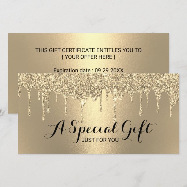 Modern Gold Glitter Drips Salon Gift Certificates (Front/Back)