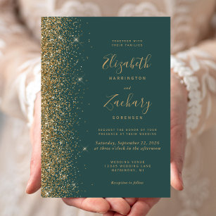 Modern Gold Glitter Edge Dark Green Wedding Invitation