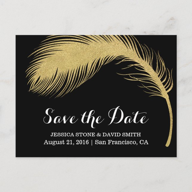 Modern Gold Glitter Feather Wedding Save the Date Announcement Postcard (Front)