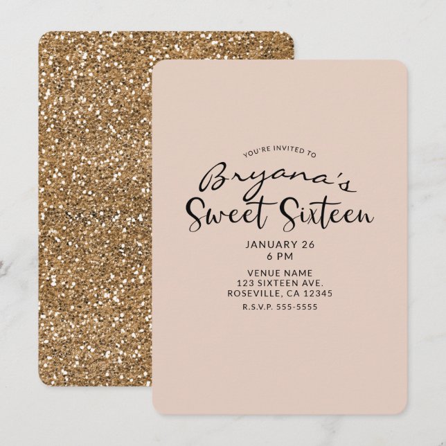 Modern Gold Glitter Glam Sweet 16 Sixteen Party Invitation (Front/Back)