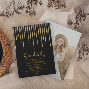 Modern Gold Glitter Grad Party Photo Invitation