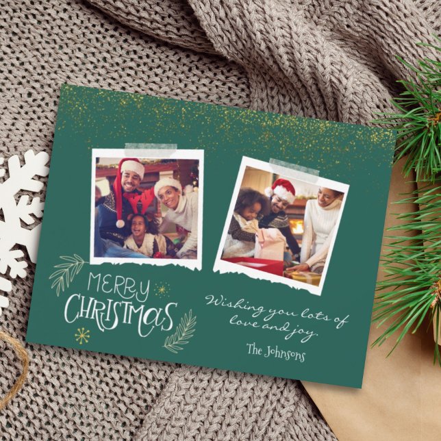 Modern Gold Glitter Green Merry Christmas Photo Holiday Card (Creator Uploaded)