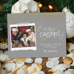 Modern Gold Glitter Grey Merry Christmas Photo Holiday Card