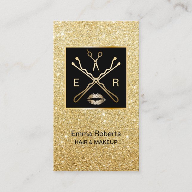 Modern Gold Glitter Hair & Makeup Artist Salon Business Card (Front)