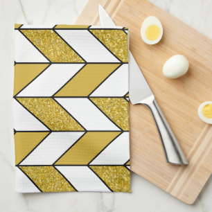 Modern Gold Glitter Herringbone Chevron Pattern Tea Towel