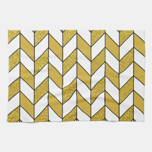 Modern Gold Glitter Herringbone Chevron Pattern Tea Towel