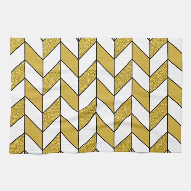 Modern Gold Glitter Herringbone Chevron Pattern Tea Towel (Horizontal)