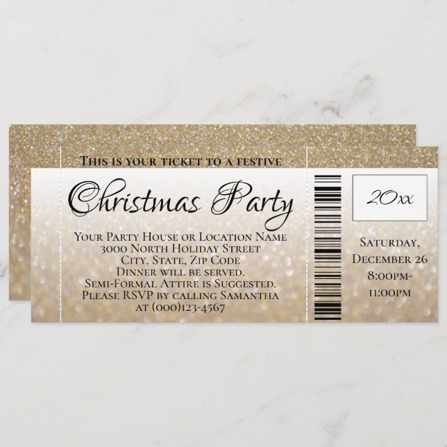 Modern Gold Glitter Holiday Christmas Party Ticket Invitation (Front/Back)