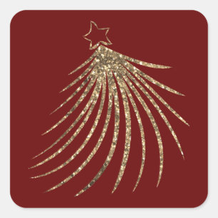 Modern Gold Glitter Holiday Christmas Tree Red Square Sticker