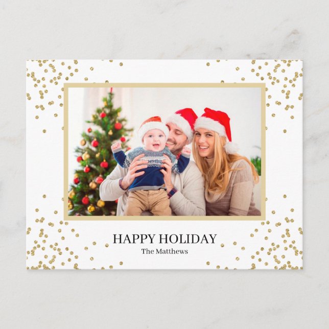 Modern Gold Glitter Holiday Family Photo Postcards (Front)