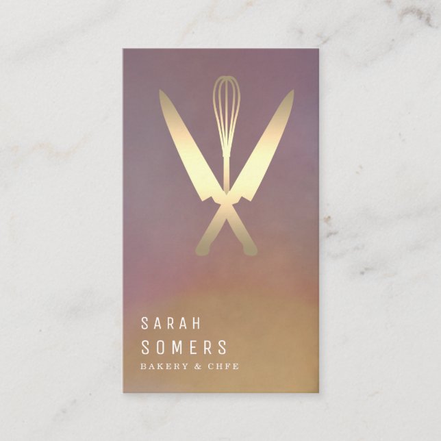 Modern Gold Glitter Knife & Whisk Bakery Business Card (Front)