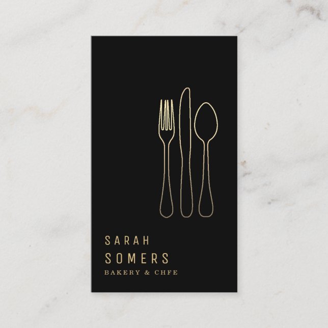 Modern Gold Glitter Knife & Whisk Bakery Business Card (Front)