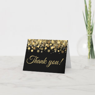 Modern Gold Glitter Lights on Black Thank You Card