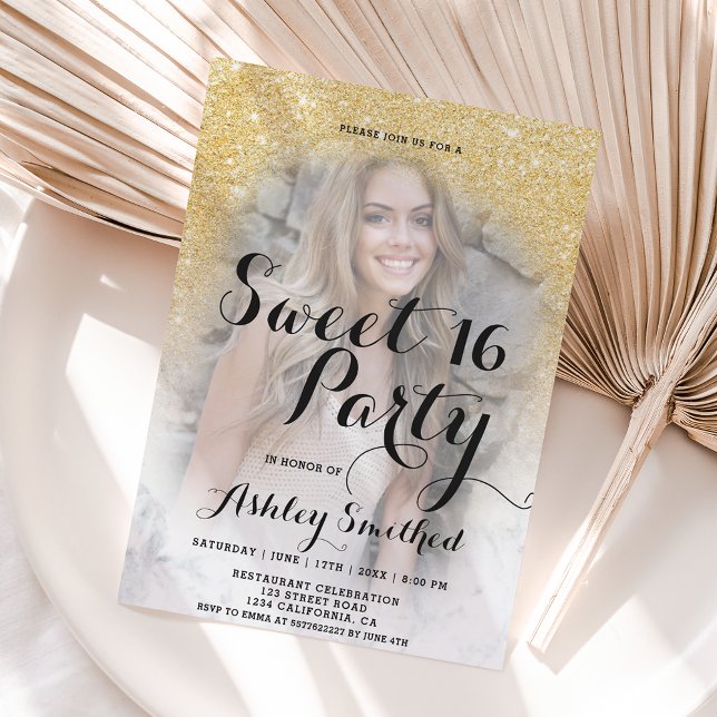 Modern gold glitter marble ombre photo Sweet 16 Invitation (Creator Uploaded)