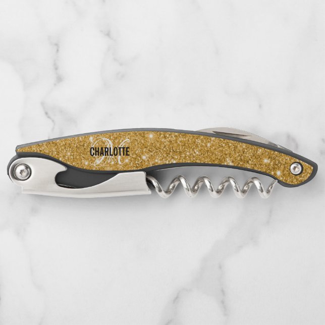 Modern gold glitter monogram name  waiter's corksc corkscrew (Front)