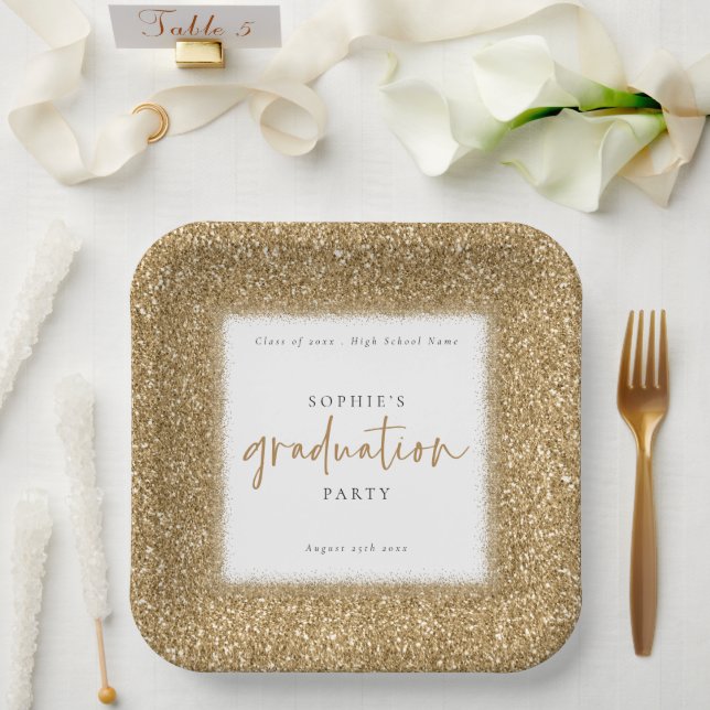 Modern Gold Glitter Name Graduation Party White Paper Plate (Wedding)