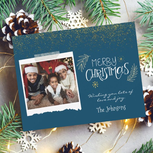 Modern Gold Glitter Navy Merry Christmas Photo Holiday Card (Creator Uploaded)