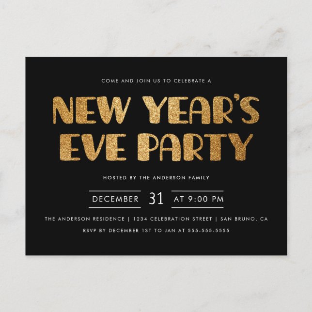Modern Gold Glitter New Year's Eve Party Invitation Postcard (Front)