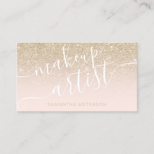 Modern gold glitter ombre blush makeup script business card (Front)