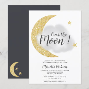 Modern gold glitter over the moon star baby shower invitation