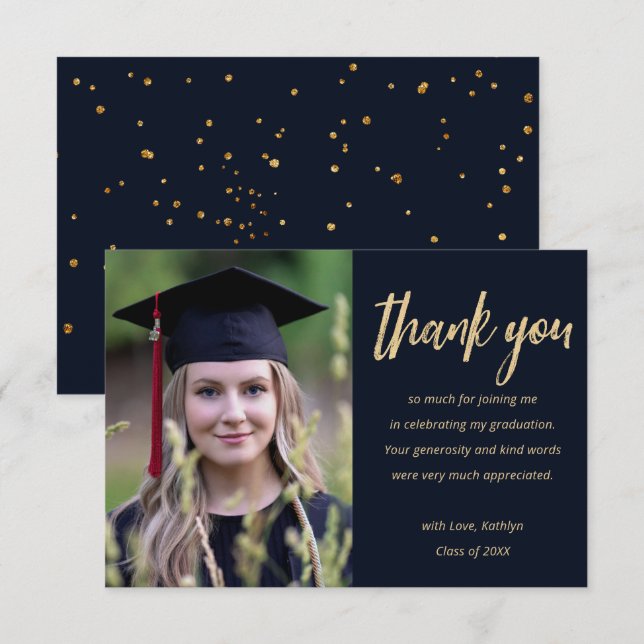 Modern Gold Glitter Personalised Photo Graduation  Thank You Card (Front/Back)