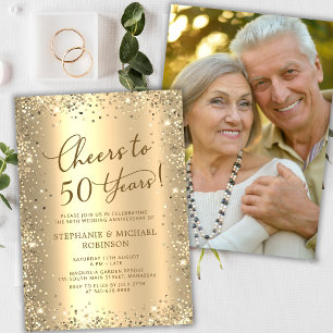 Modern Gold Glitter Photo 50th Wedding Anniversary Invitation