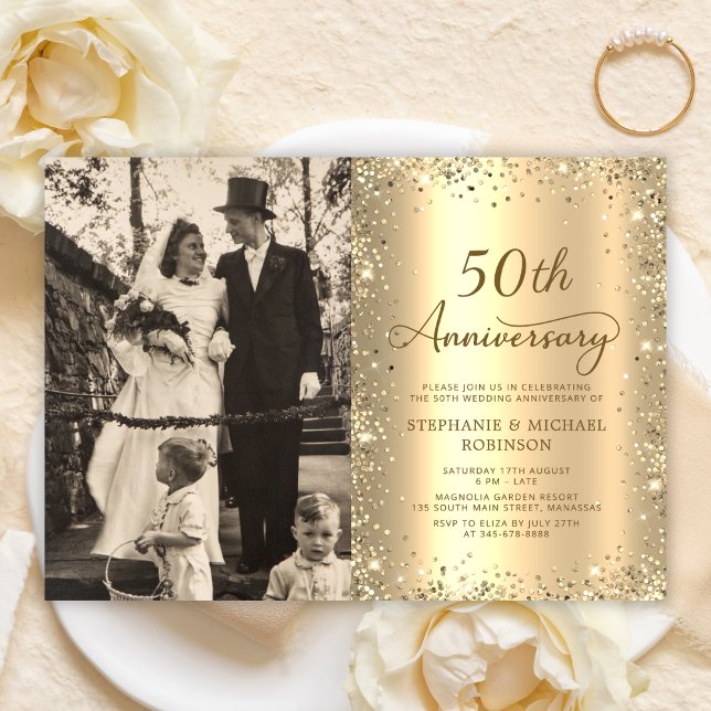 Modern Gold Glitter Photo 50th Wedding Anniversary Invitation (Creator Uploaded)