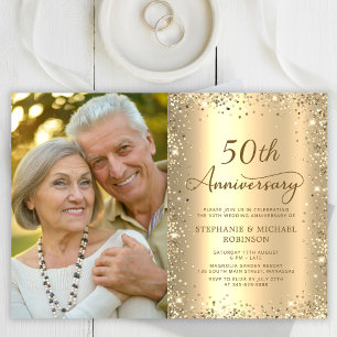 Modern Gold Glitter Photo 50th Wedding Anniversary Invitation