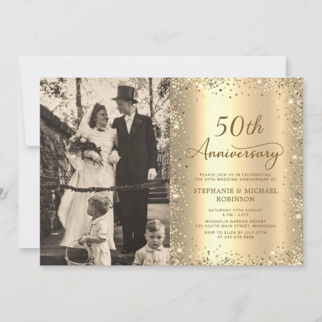 Modern Gold Glitter Photo 50th Wedding Anniversary Invitation (Front)