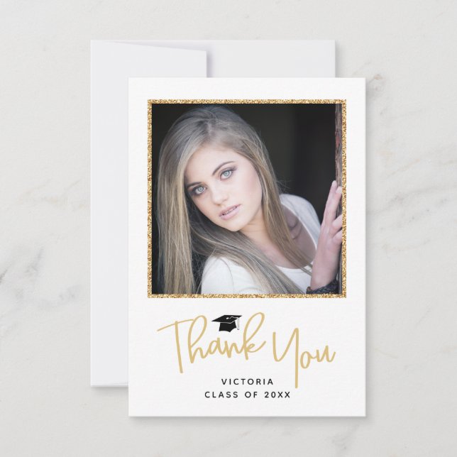Modern Gold Glitter Photo Graduation Thank You Card (Front)