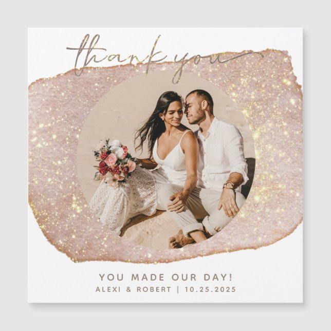 Modern Gold Glitter Photo Wedding Thank You Magnet (Front)