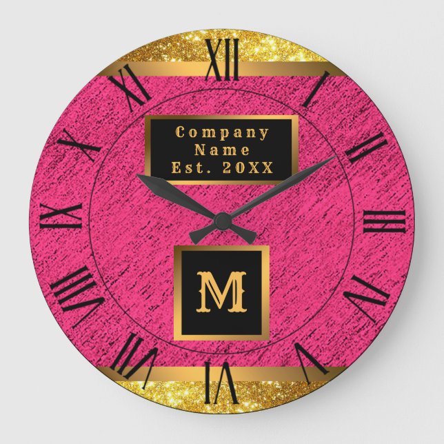 Modern Gold Glitter Pink Linen Monogrammed Large Clock (Front)