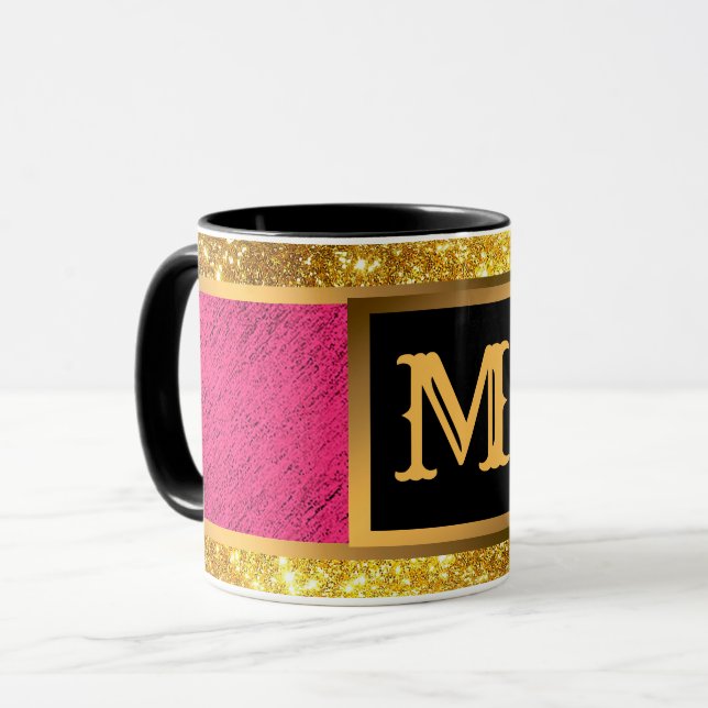 Modern Gold Glitter Pink Linen Monogrammed Mug (Front Left)