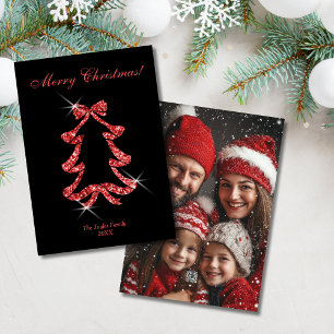 Modern Gold Glitter Ribbon Christmas Tree Photo Holiday Card