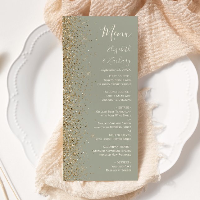 Modern Gold Glitter Sage Green Wedding Menu (Creator Uploaded)