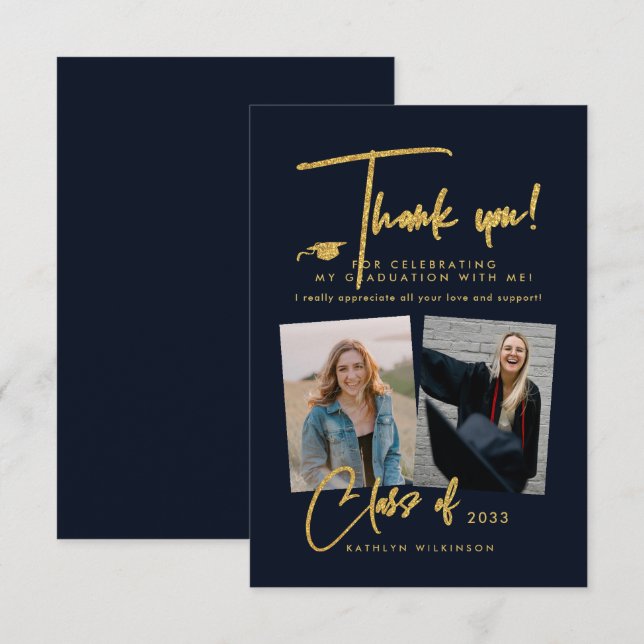 Modern Gold Glitter Script Blue Photo Graduation Thank You Card (Front/Back)