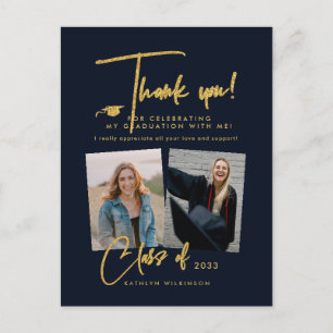 Modern Gold Glitter Script Graduation Thank You Postcard