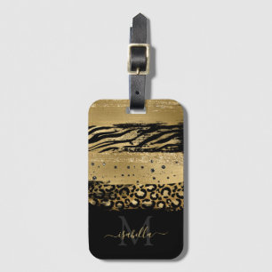 Modern Gold Glitter Script Monogrammed Luggage Tag