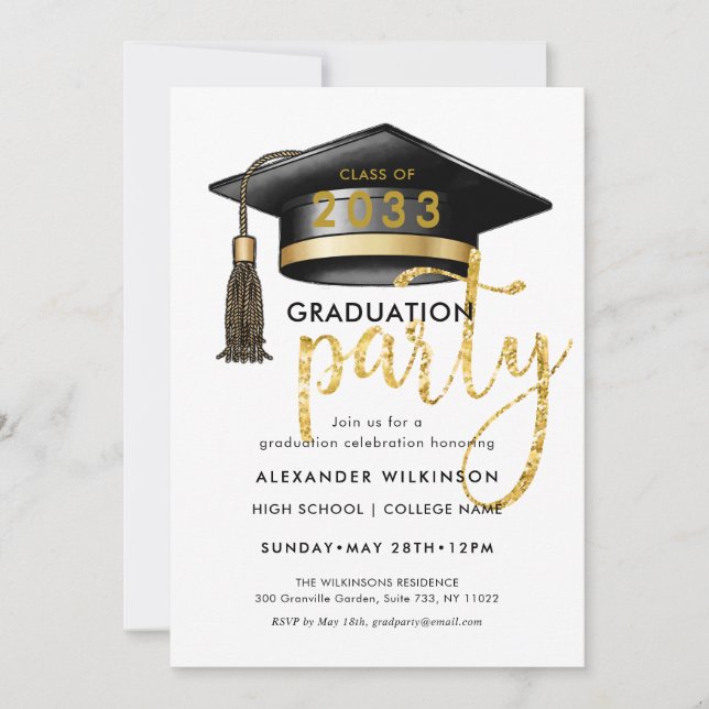 Modern Gold Glitter Script Simple GRAD Party Invitation (Front)