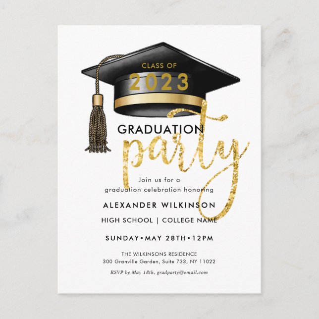 Modern Gold Glitter Script Simple GRAD Party Invitation Postcard (Front)