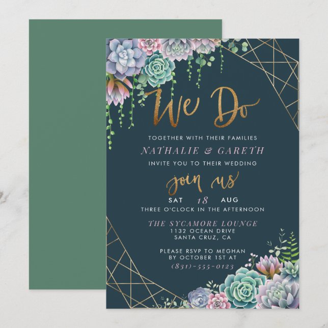 Modern Gold Glitter Script & Succulents Wedding Invitation (Front/Back)