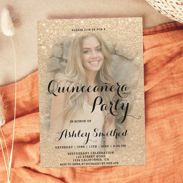 Modern gold glitter sparkle photo Quinceañera Invitation (Creator Uploaded)
