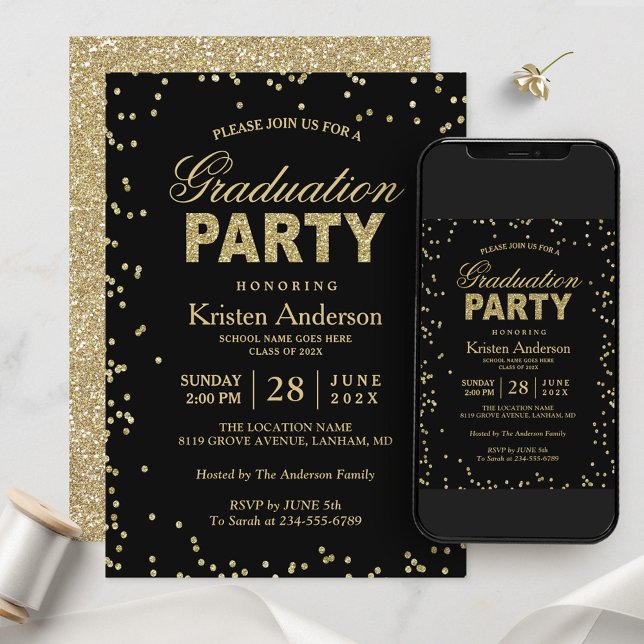 Modern Gold Glitter Sparkles Graduation Party Invitation (Creator Uploaded)