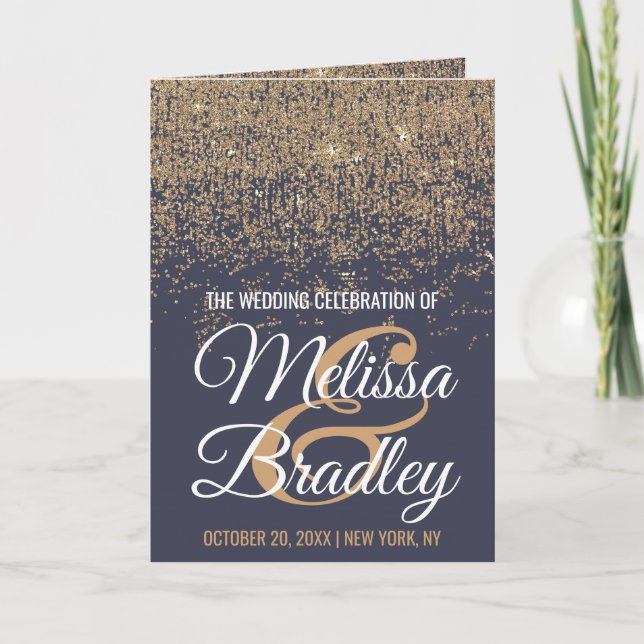 Modern Gold Glitter Sparkles Navy Blue Wedding Programme (Front)