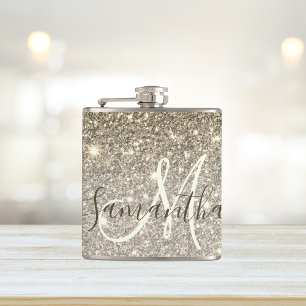 Modern Gold Glitter Sparkles Personalised Name Hip Flask