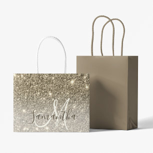 Modern Gold Glitter Sparkles Personalised Name Large Gift Bag