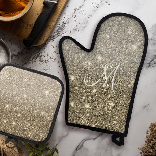 Modern Gold Glitter Sparkles Personalised Name Oven Mitt & Pot Holder Set