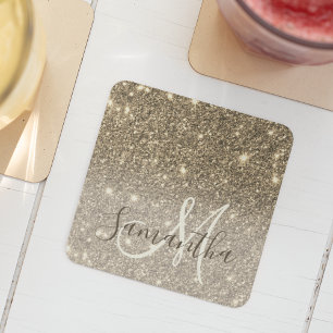 Modern Gold Glitter Sparkles Personalised Name Square Paper Coaster