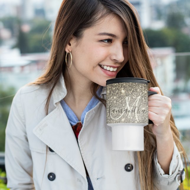 Modern Gold Glitter Sparkles Personalised Name Travel Mug (Creator Uploaded)