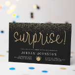 Modern Gold Glitter Surprise Birthday Party Invitation Postcard<br><div class="desc">Black and gold surprise party invitations for any age! A modern design with a classic black background, faux gold confetti, "surprise!" in gold glitter lettering, and stylish typography. Click on "Personalise this template" to change the wording. Scroll down to "Customise further" to format the style or placement of the text....</div>